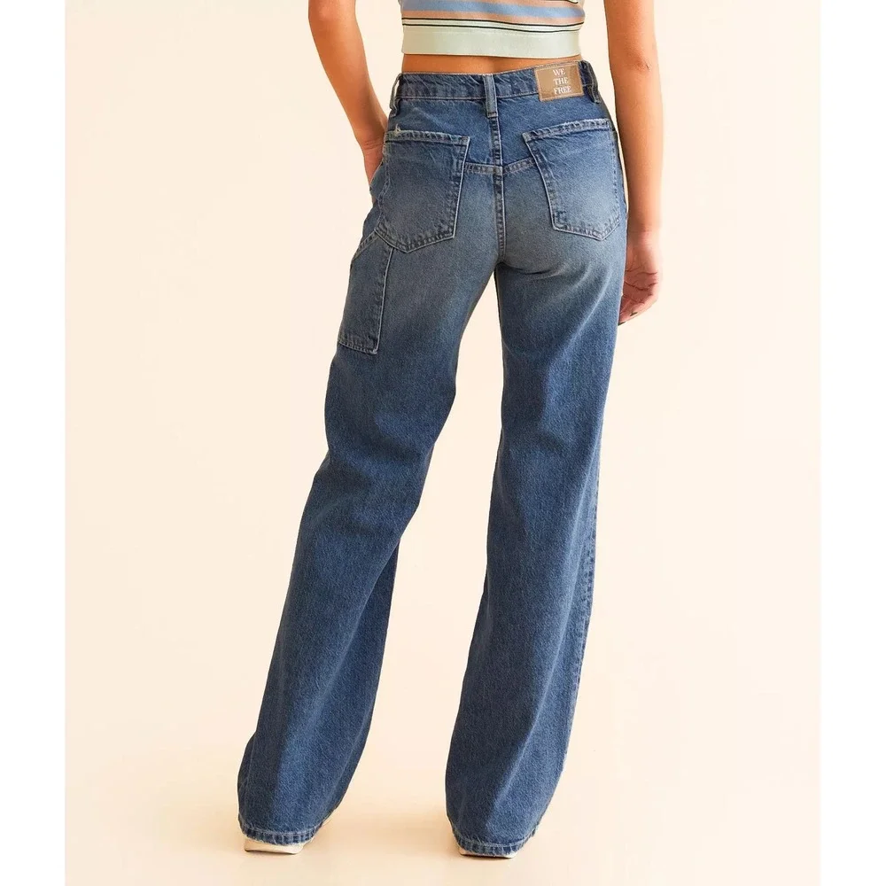 We The Free Women's Tinsley Baggy High Rise Straight Leg Jeans Blue Carpenter 28